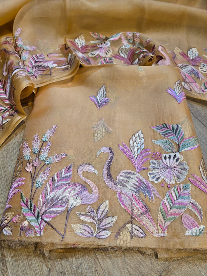 Pure Banarasi Organza Silk Unstitched Suit with Flamingo Embroidery Work