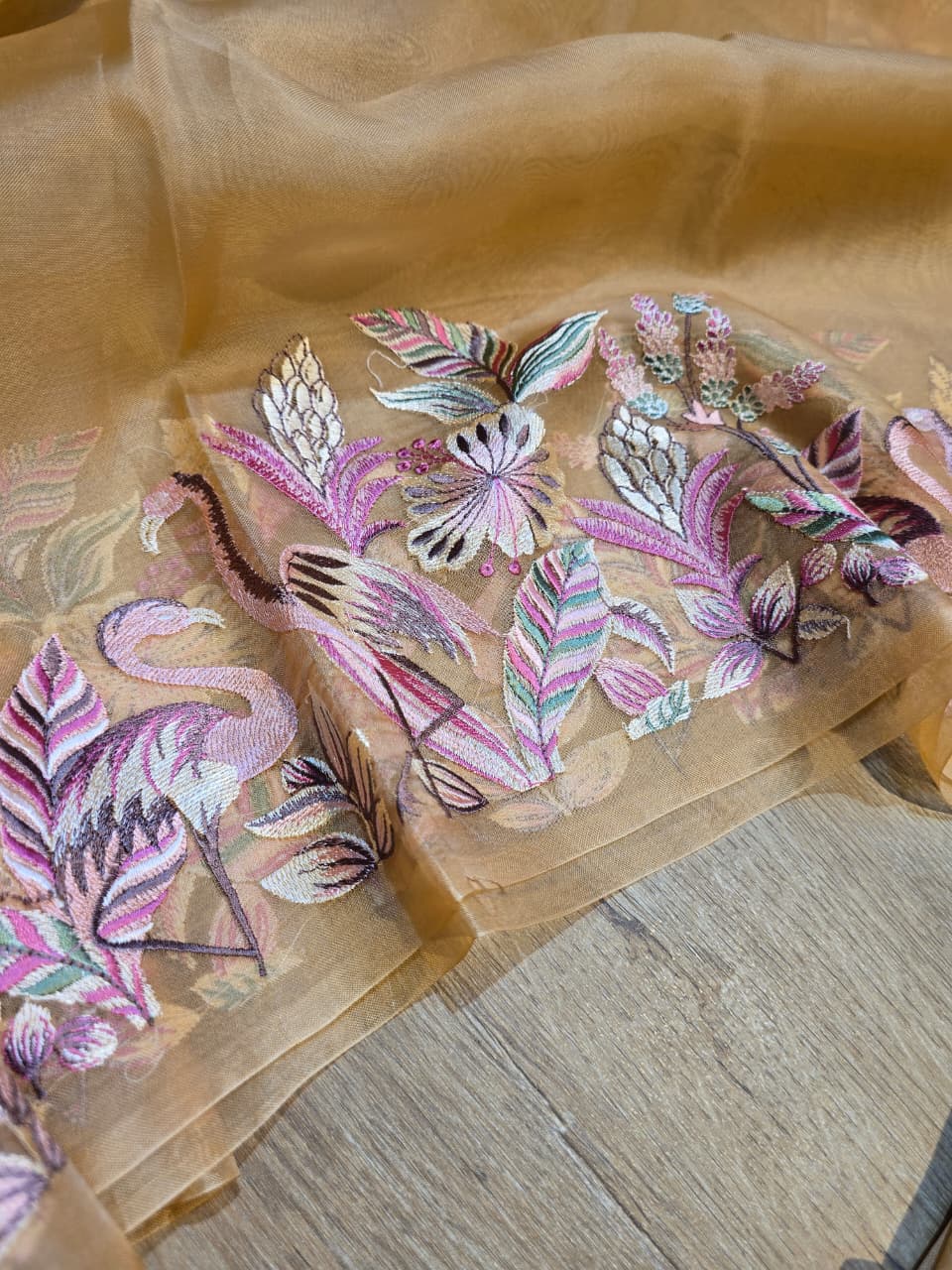 Pure Banarasi Organza Silk Unstitched Suit with Flamingo Embroidery Work