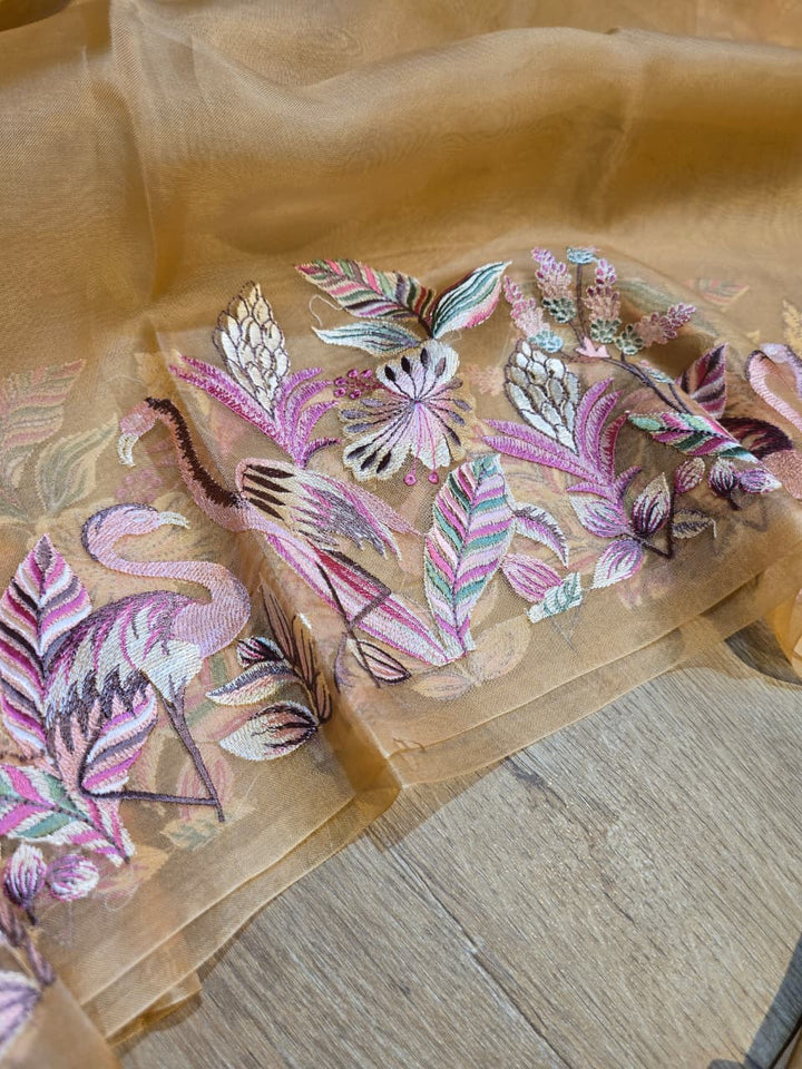 Pure Banarasi Organza Silk Unstitched Suit with Flamingo Embroidery Work