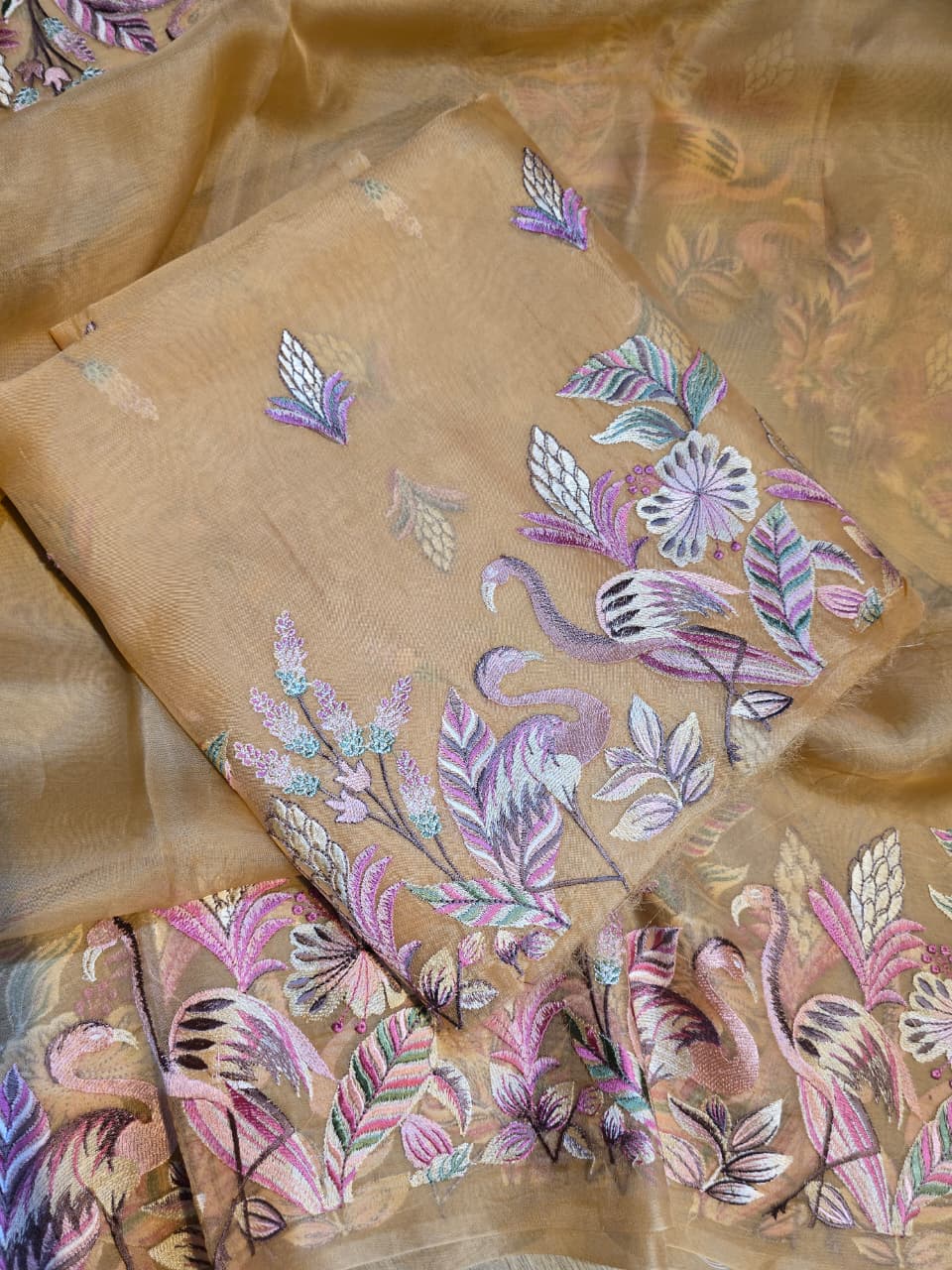 Pure Banarasi Organza Silk Unstitched Suit with Flamingo Embroidery Work