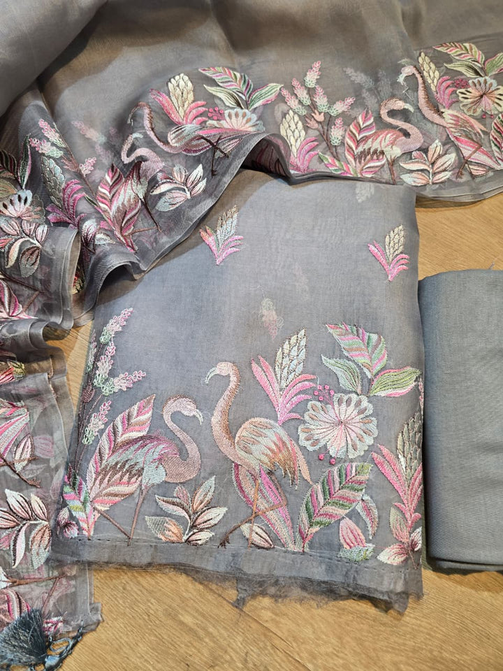 Pure Banarasi Organza Silk Unstitched Suit with Flamingo Embroidery Work