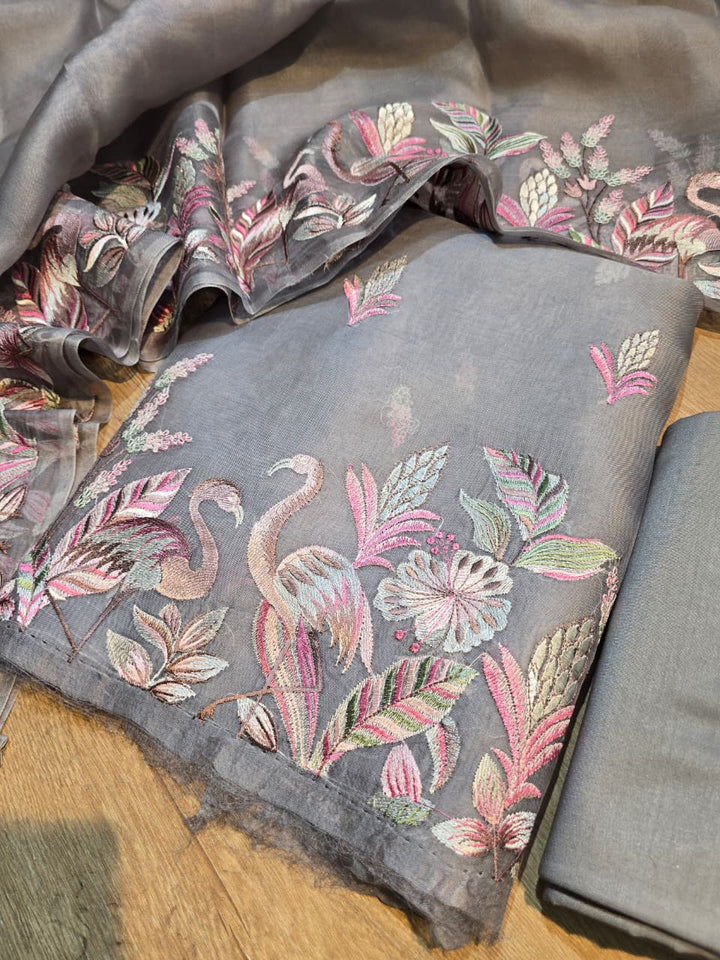 Pure Banarasi Organza Silk Unstitched Suit with Flamingo Embroidery Work