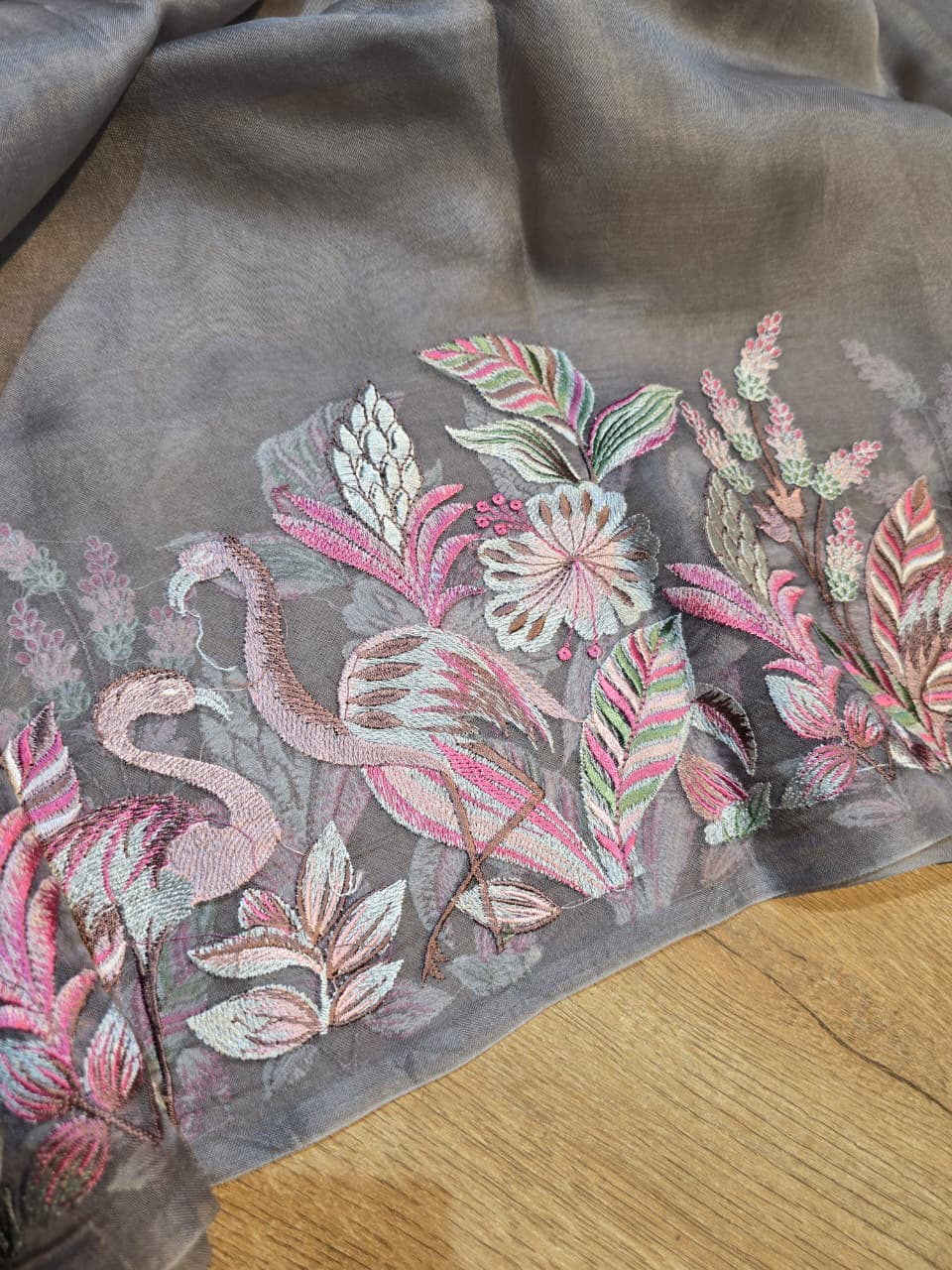 Pure Banarasi Organza Silk Unstitched Suit with Flamingo Embroidery Work