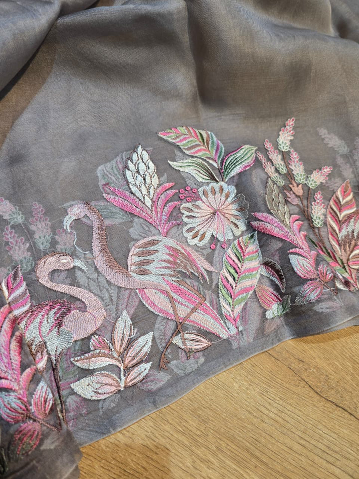 Pure Banarasi Organza Silk Unstitched Suit with Flamingo Embroidery Work