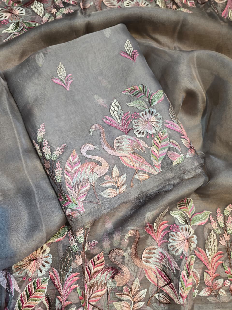 Pure Banarasi Organza Silk Unstitched Suit with Flamingo Embroidery Work