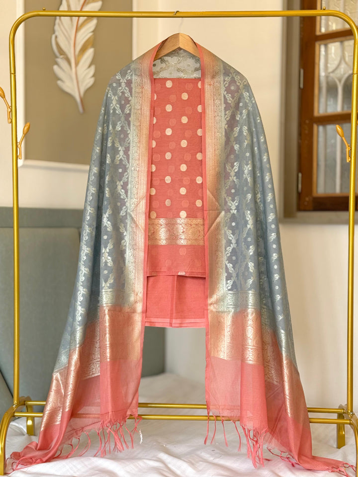 Pure Moonga Silk Unstitched Suit with Water Zari work