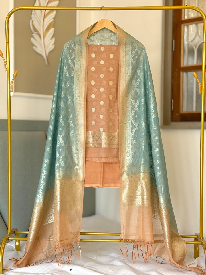Pure Moonga Silk Unstitched Suit with Water Zari work