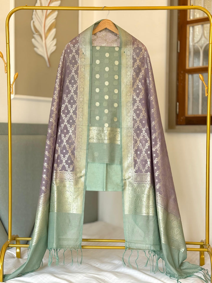 Pure Moonga Silk Unstitched Suit with Water Zari work