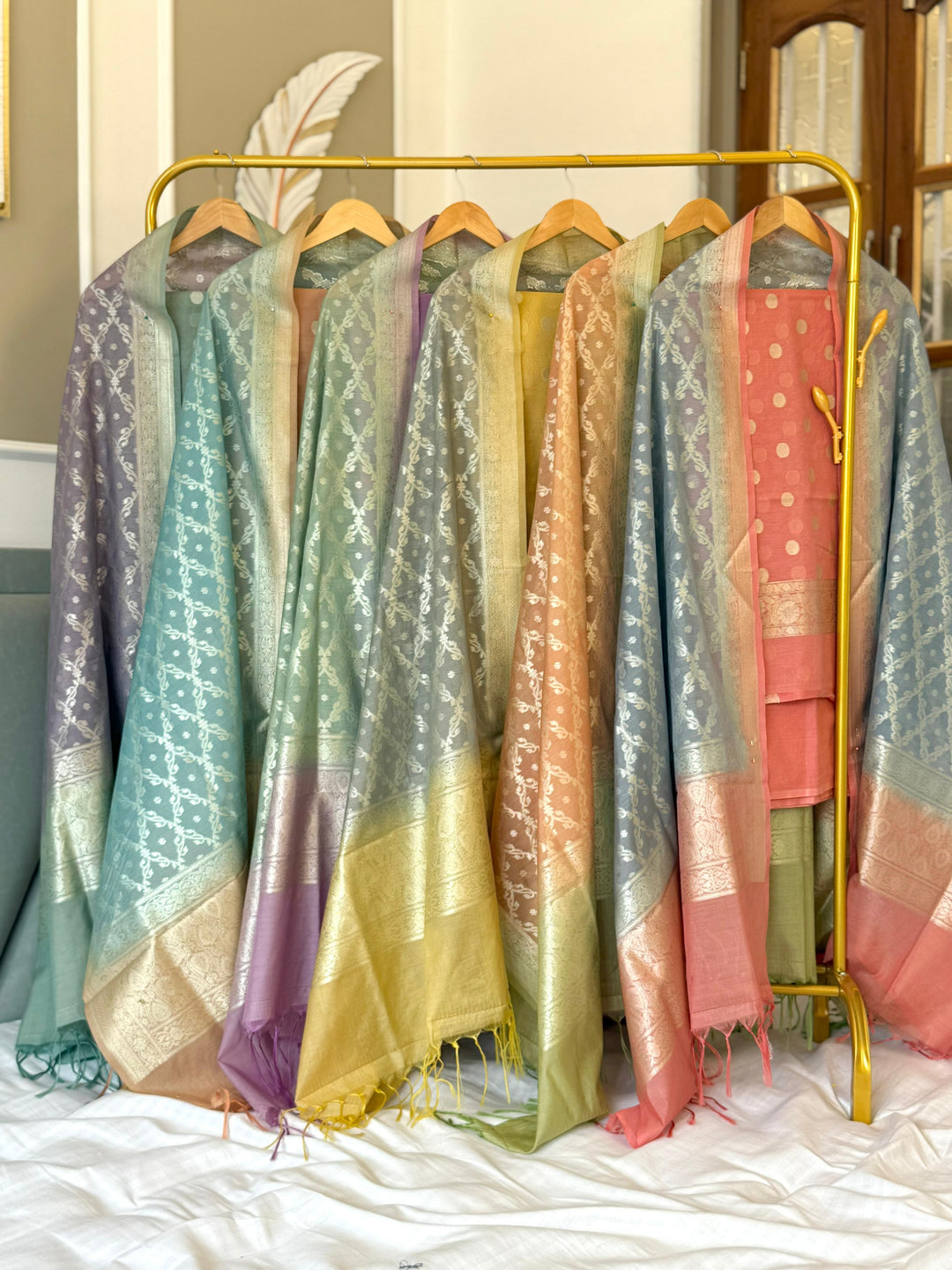 Pure Moonga Silk Unstitched Suit with Water Zari work