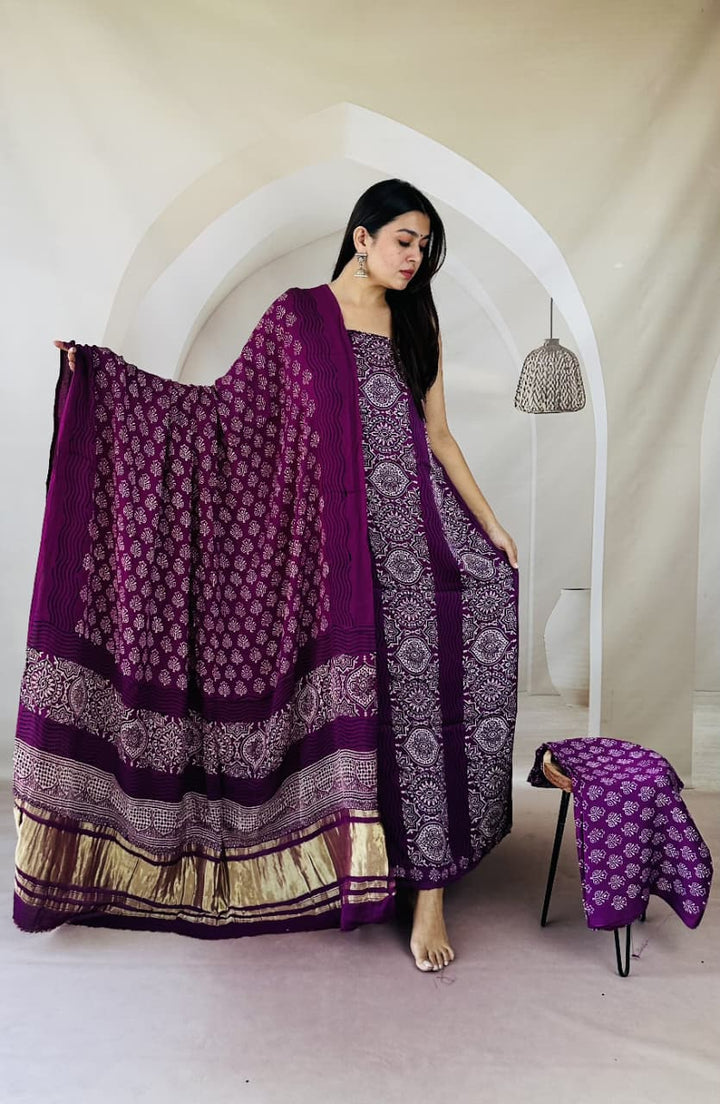 Pure Modal Silk Ajrakh Hand Block Zari Pallu Weaved 3pc Unstitched Suit