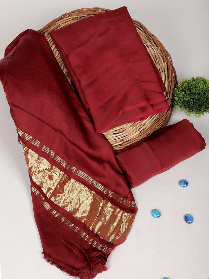 Pure Modal Silk Unstitched Suit with Lagdi Patta Dupatta in MAROON