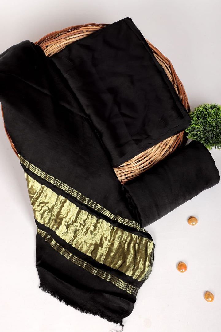 Pure Modal Silk Unstitched Suit with Lagdi Patta Dupatta in BLACK