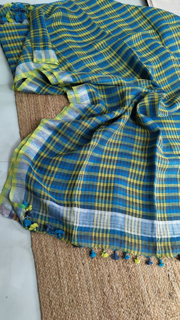 Pure Joyshree Linen Check Saree With Blouse Pc ( 100 count)