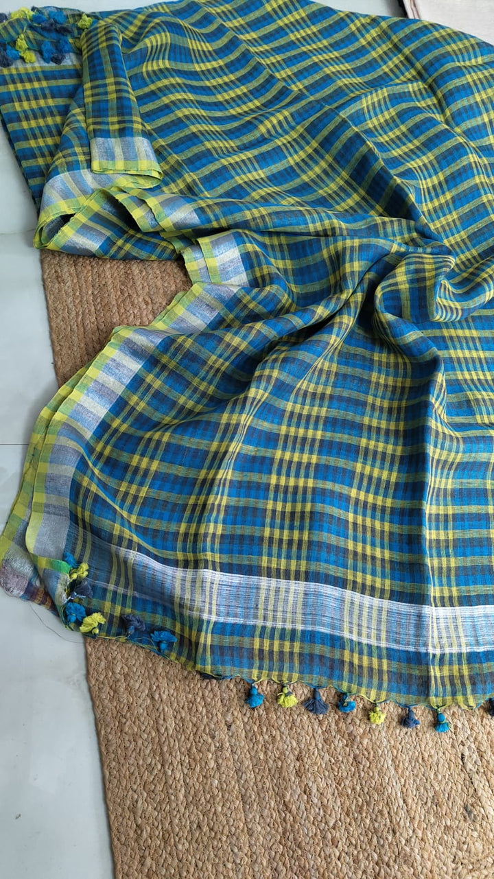 Pure Joyshree Linen Check Saree With Blouse Pc ( 100 count)