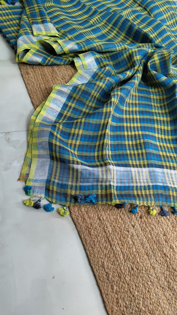 Pure Joyshree Linen Check Saree With Blouse Pc ( 100 count)