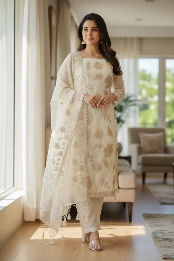 Exclusive Banarasi Mul- Chanderi Applique Work Unstitched Suit