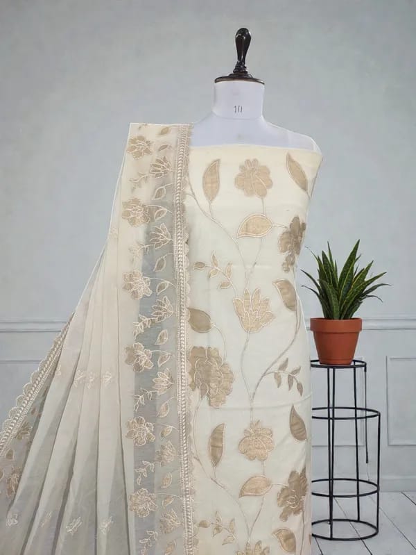 Exclusive Banarasi Mul- Chanderi Applique Work Unstitched Suit