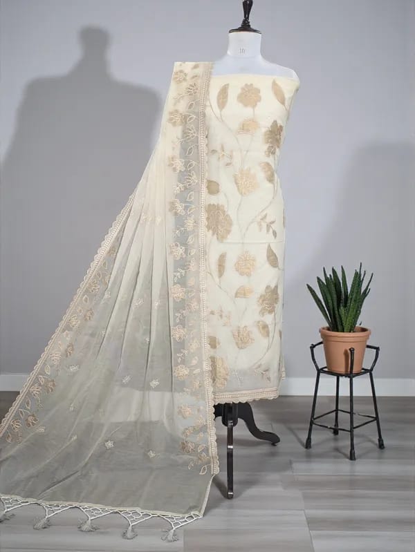 Exclusive Banarasi Mul- Chanderi Applique Work Unstitched Suit
