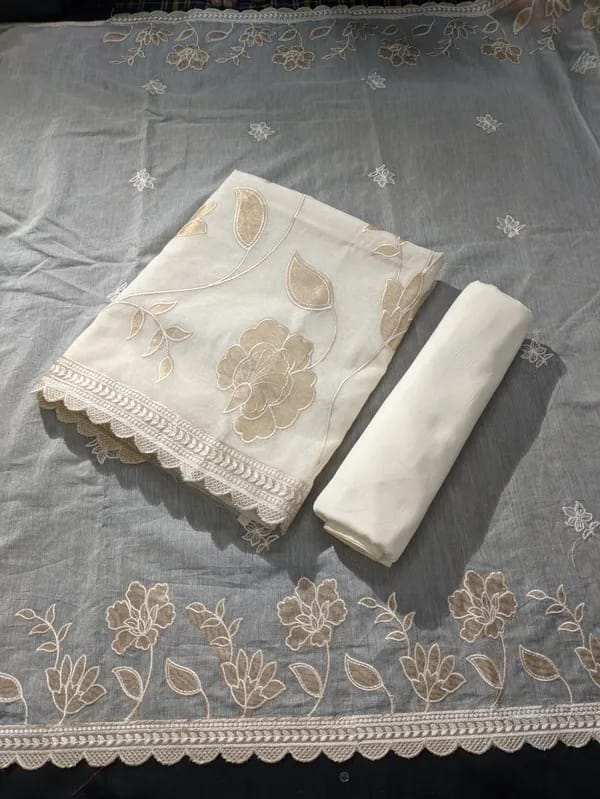 Exclusive Banarasi Mul- Chanderi Applique Work Unstitched Suit