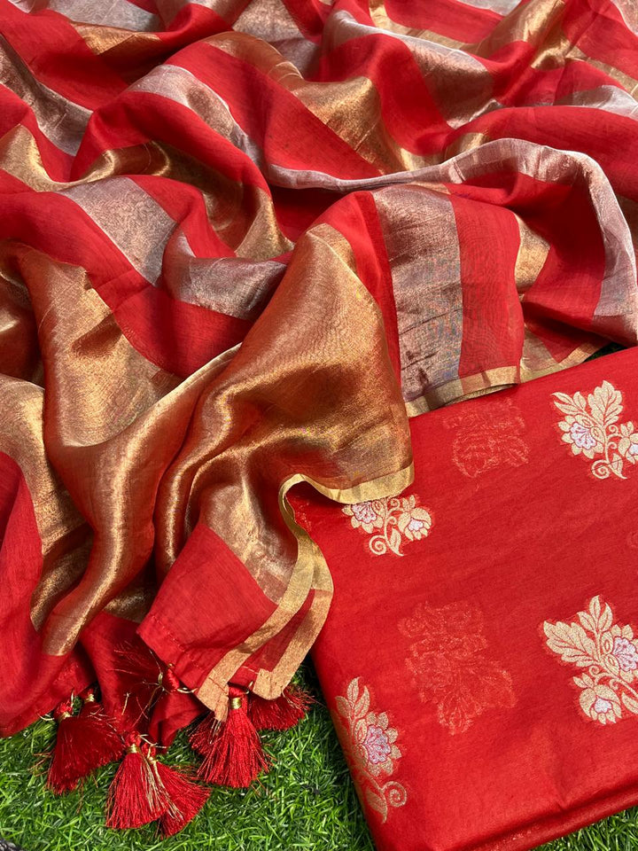 Pure Banarasi Chanderi Zari Work Unstitched Suit With Chanderi Silk Tissue Stripe Dupatta