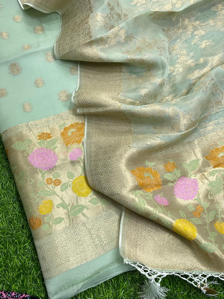 Pure Banarasi Handloom Organza Paithani Weaved Unstitched Suit With Banarsi Handloom Organza Paithani Border Dupatta