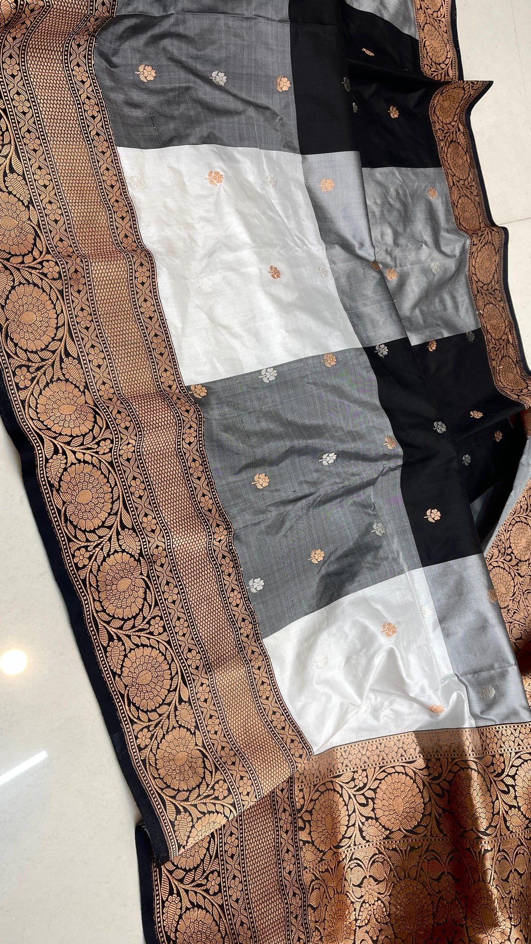 Pure Katan Silk Saree With Antique Zari and square pattern