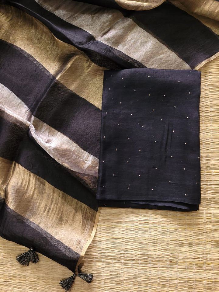 Exclusive Pure Banarasi Chanderi Silk Unstitched Suit with Organza Crushed Tissue Stripe Dupatta