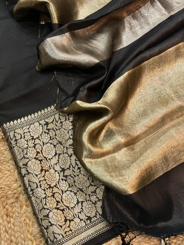 Pure Banarasi Chanderi Zari Work Unstitched Suit With Chanderi Silk Tissue Stripe Dupatta in black color