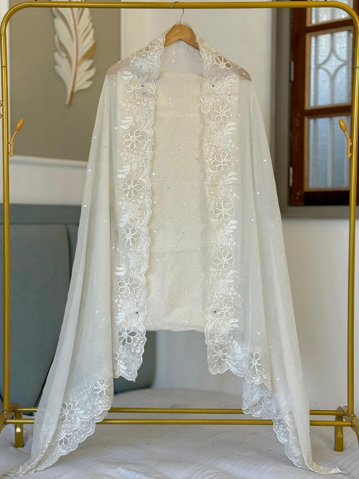 Pure Banarasi Mul Chanderi Mirror Work Unstitched Suit with applique cut work