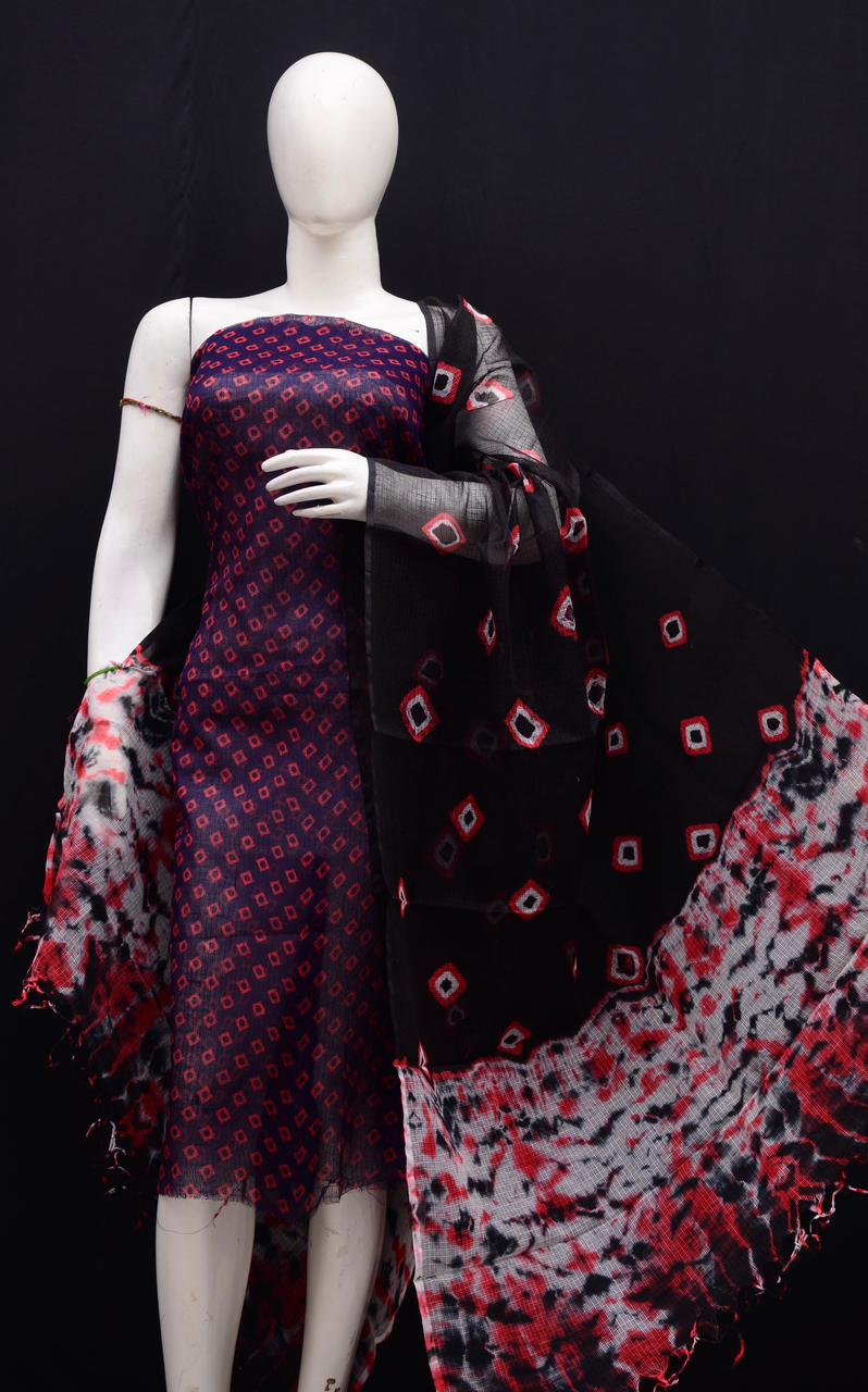 Pure Cotton Kota- Doria Unstitched Suit with Bandhej Work