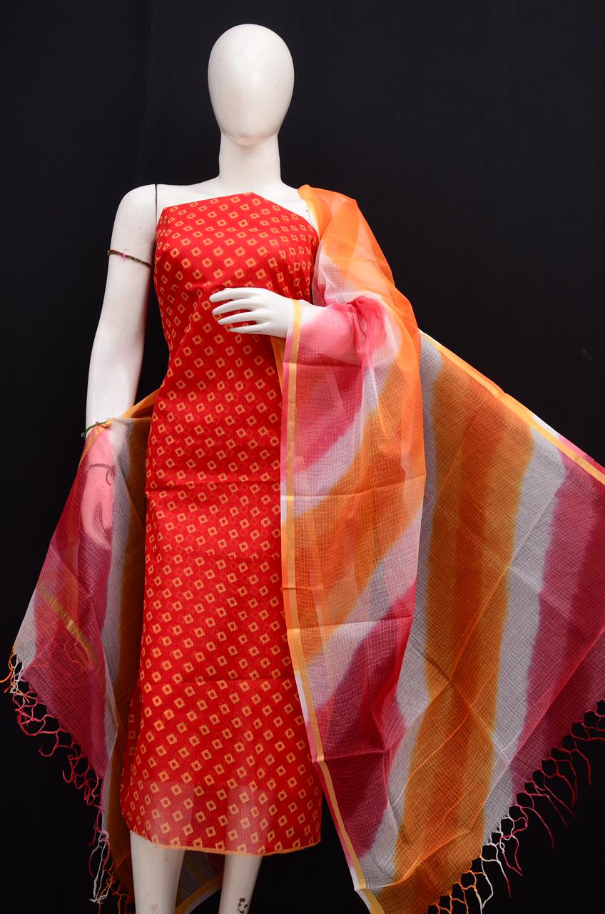 Pure Cotton Kota- Doria Unstitched Suit with Bandhej Work