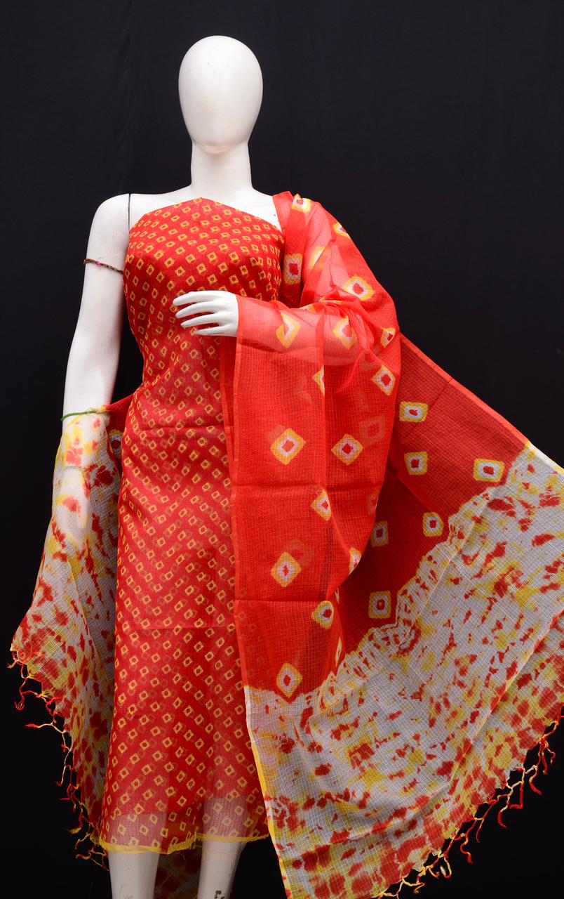 Pure Cotton Kota- Doria Unstitched Suit with Bandhej Work