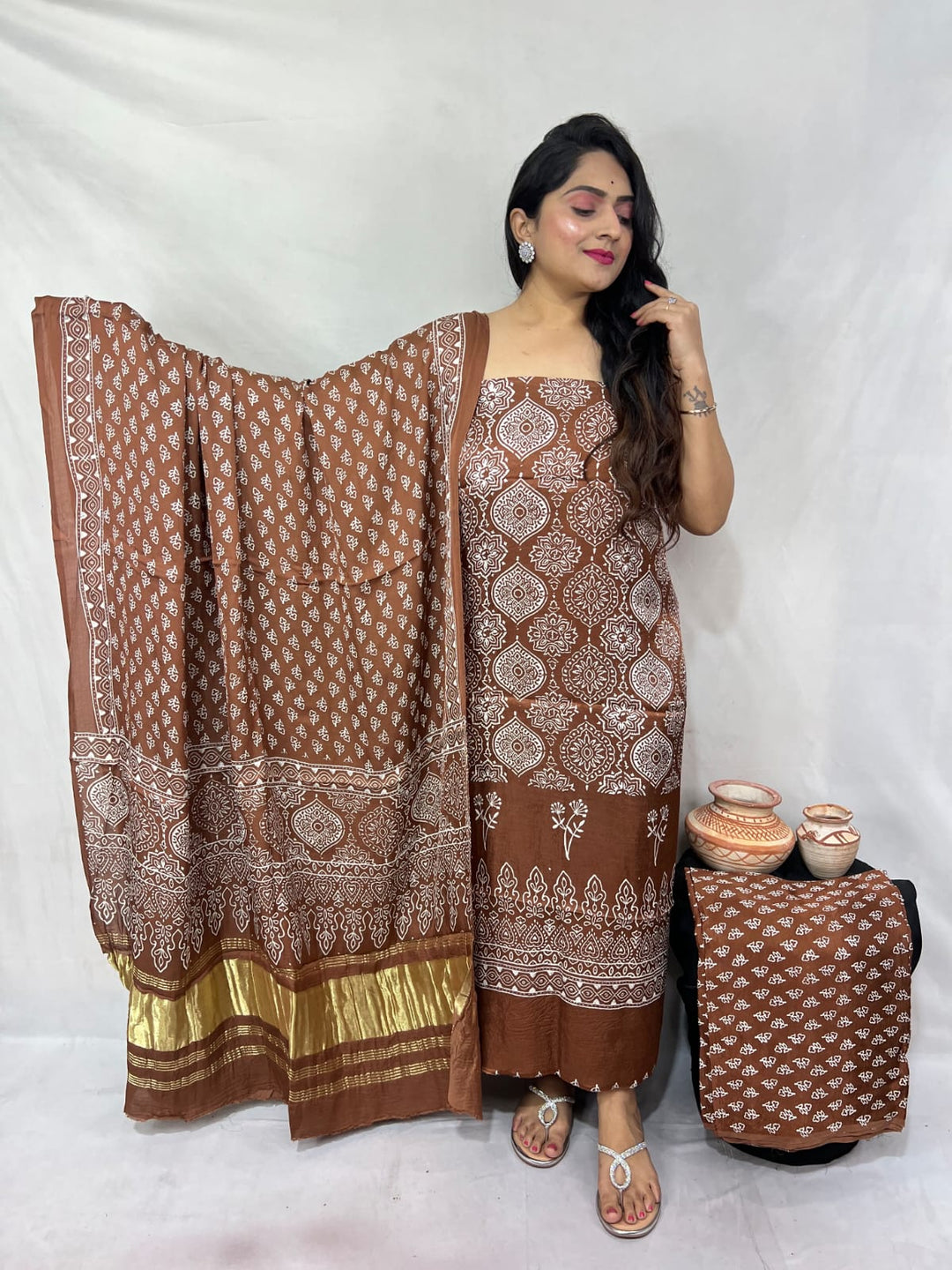 Pure Modal Silk Ajrakh Hand Block Zari Pallu Weaved 3pc Unstitched Suit