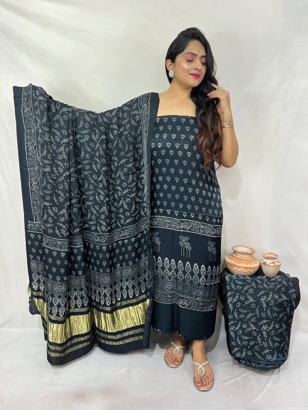 Pure Modal Silk Ajrakh Hand Block Zari Pallu Weaved 3pc Unstitched Suit