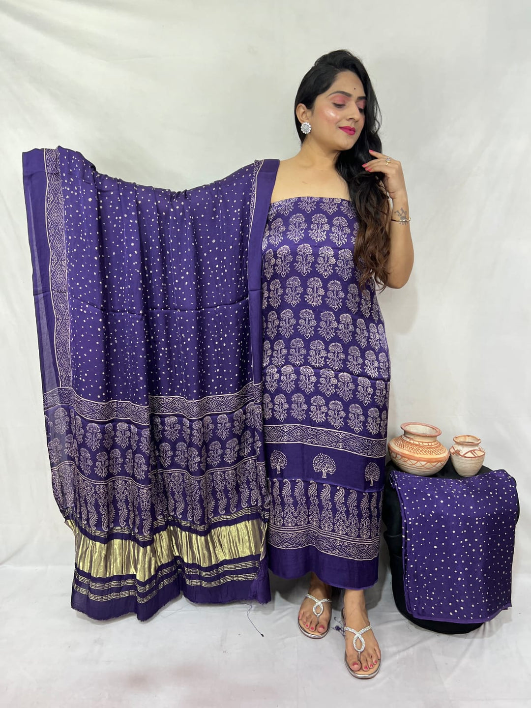 Pure Modal Silk Ajrakh Hand Block Zari Pallu Weaved 3pc Unstitched Suit