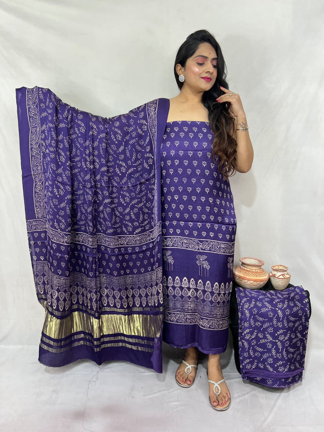 Pure Modal Silk Ajrakh Hand Block Zari Pallu Weaved 3pc Unstitched Suit