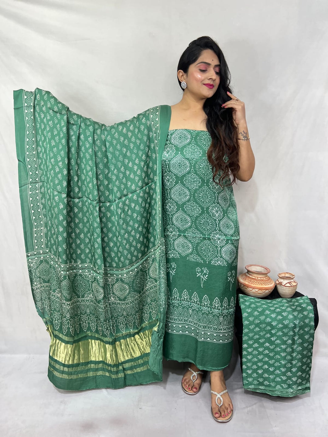 Pure Modal Silk Ajrakh Hand Block Zari Pallu Weaved 3pc Unstitched Suit