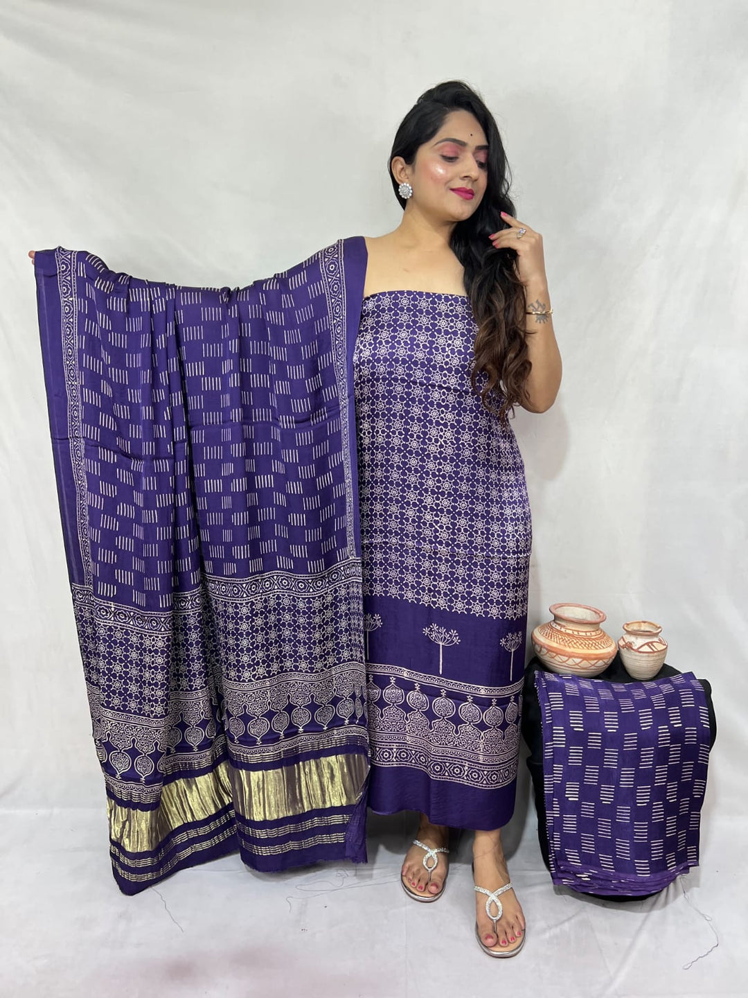 Pure Modal Silk Ajrakh Hand Block Zari Pallu Weaved 3pc Unstitched Suit