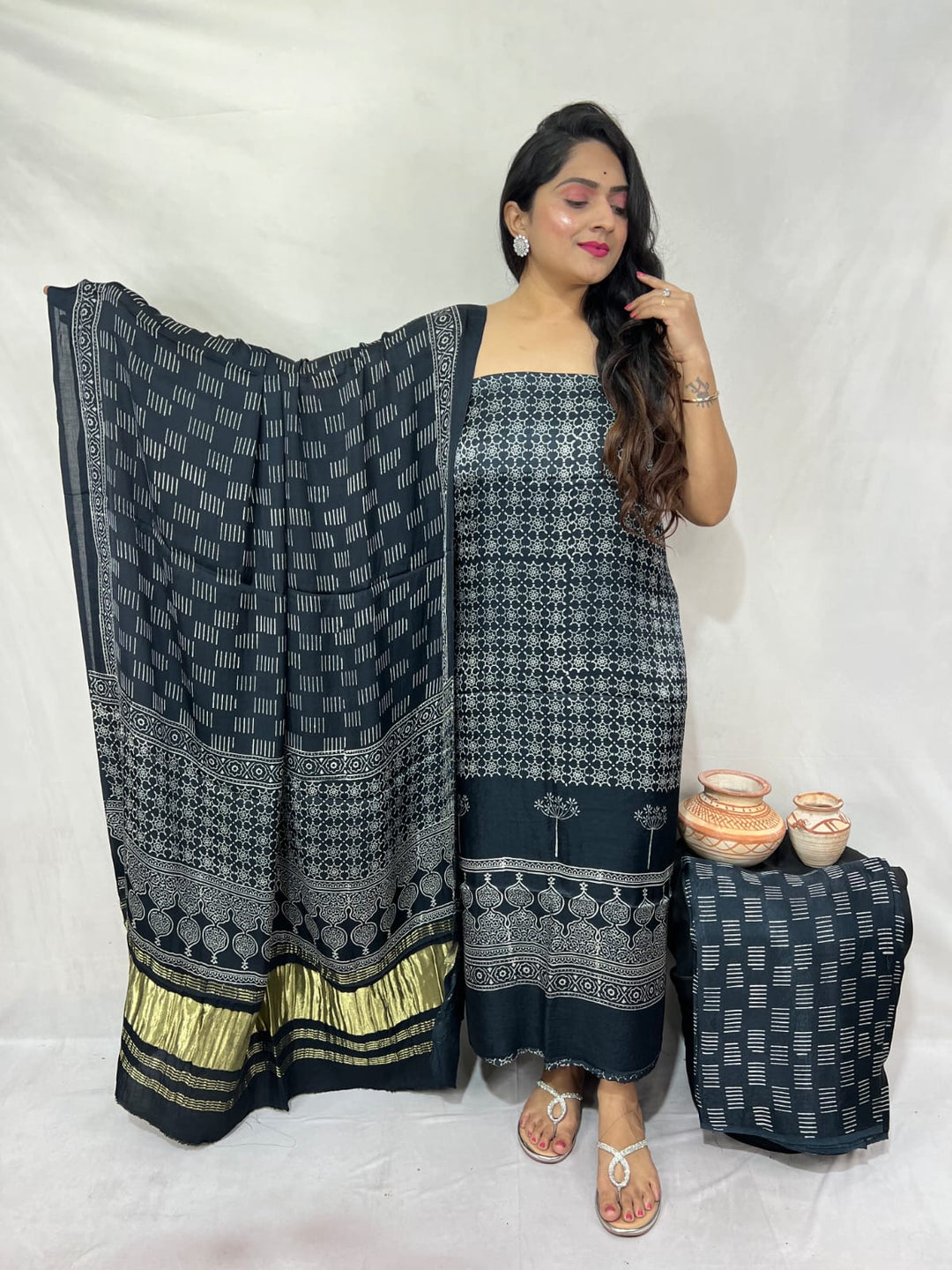 Pure Modal Silk Ajrakh Hand Block Zari Pallu Weaved 3pc Unstitched Suit