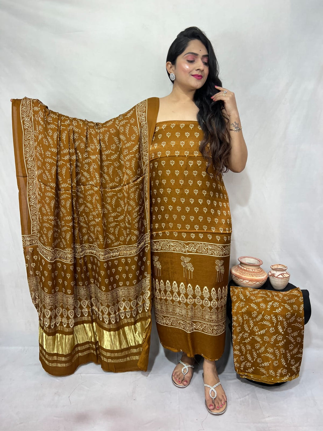 Pure Modal Silk Ajrakh Hand Block Zari Pallu Weaved 3pc Unstitched Suit