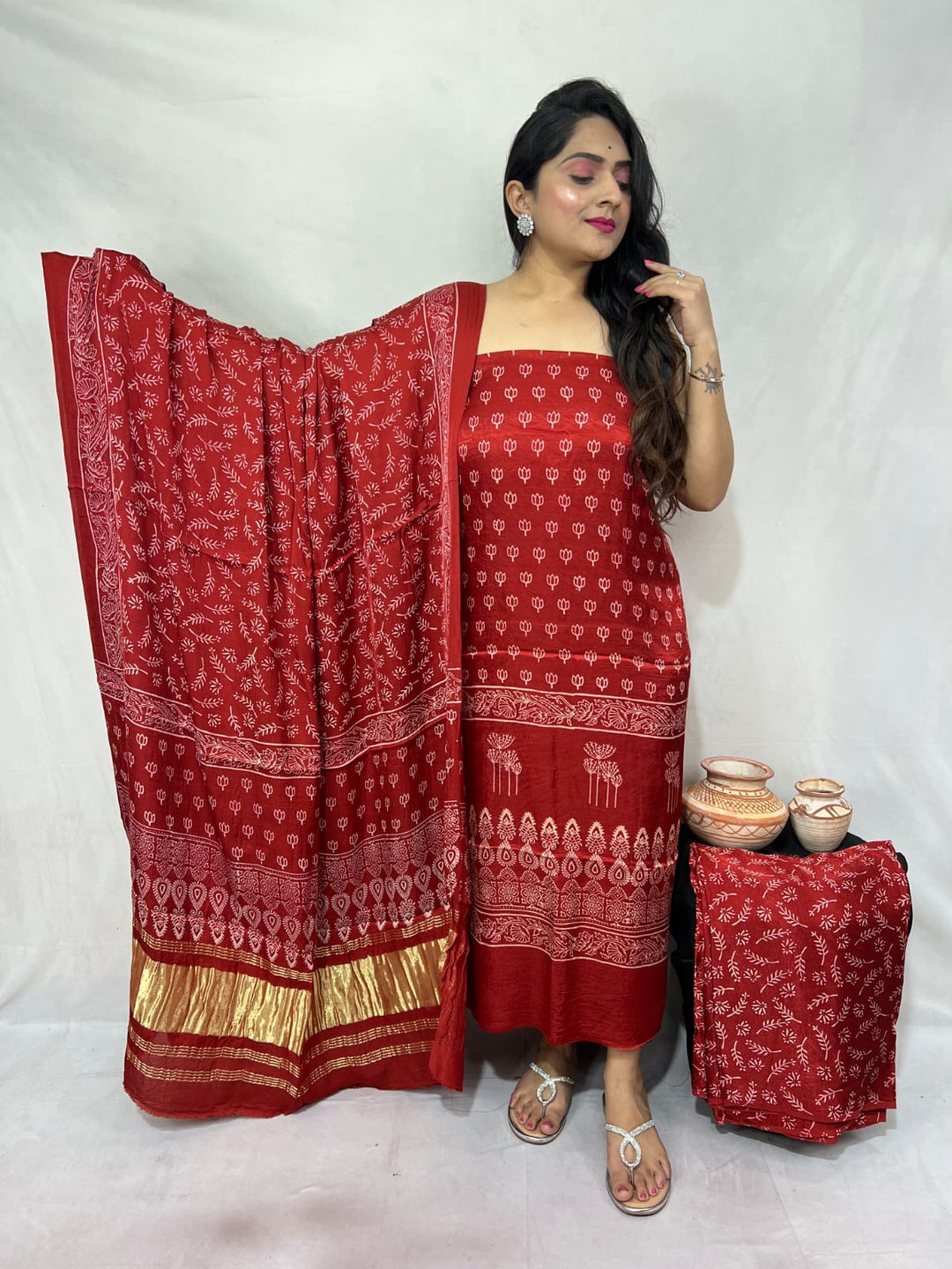 Pure Modal Silk Ajrakh Hand Block Zari Pallu Weaved 3pc Unstitched Suit