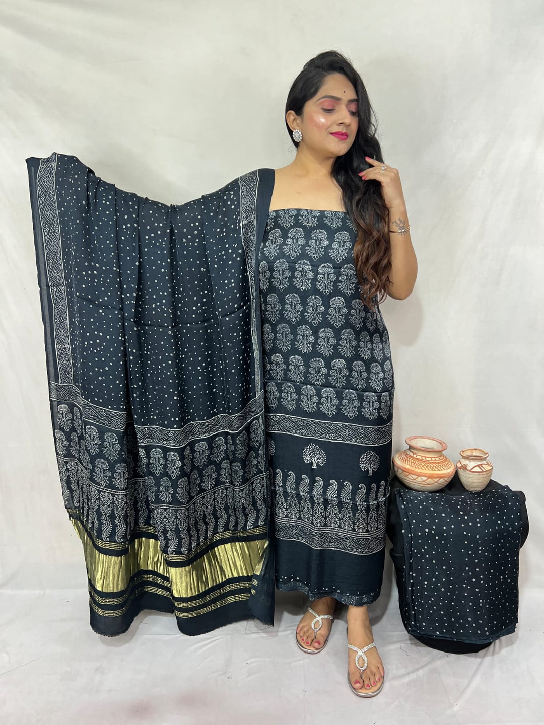 Pure Modal Silk Ajrakh Hand Block Zari Pallu Weaved 3pc Unstitched Suit