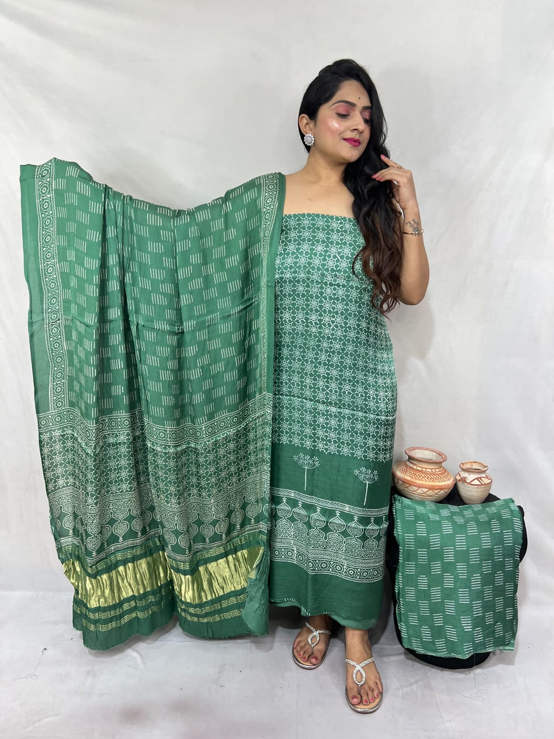 Pure Modal Silk Ajrakh Hand Block Zari Pallu Weaved 3pc Unstitched Suit