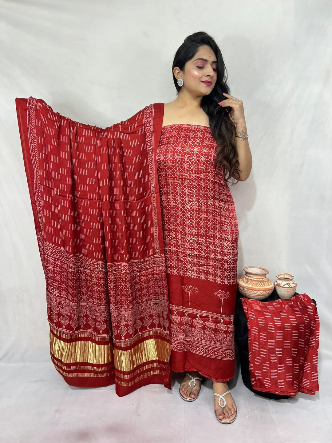 Pure Modal Silk Ajrakh Hand Block Zari Pallu Weaved 3pc Unstitched Suit