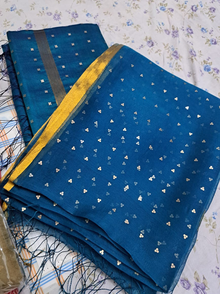 Exclusive Bengal Handloom Muslin Silk Saree with All Over Sequence Work