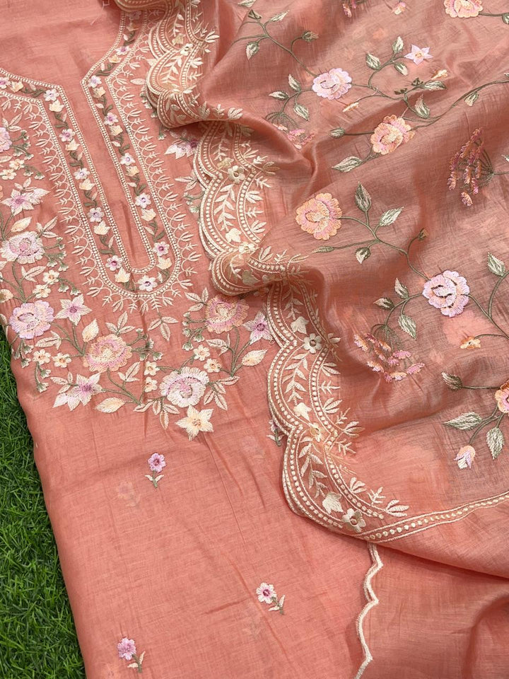 Pure Banarasi Mul Chanderi Embroidery Work Unstitched Suit