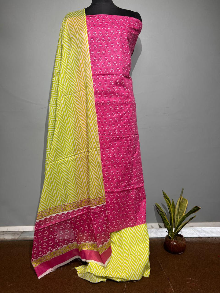 Pure Cotton Hand Block Print Unstitched Suit With Cotton  Dupatta