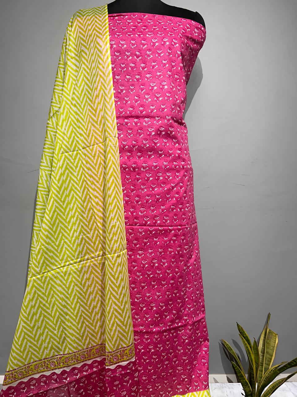 Pure Cotton Hand Block Print Unstitched Suit With Cotton  Dupatta