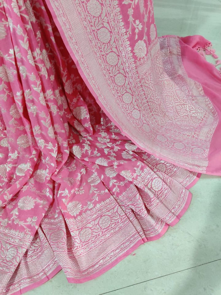 Exclusive Pure Banarasi Khaddi Chiffon Saree with Rich pure Gold Zari Buti , With  Traditional Banarasi Style Border And Pallu  ( length- 6.3 meter ) (Copy)