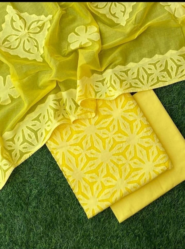 Pure Cotton Applique Work Unstitched Suit With Cotton  Dupatta.